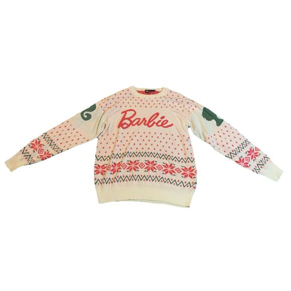 Barbie White Pink Green Ponytail Pullover Snowflake Winter Sweater Size Medium - Picture 1 of 10